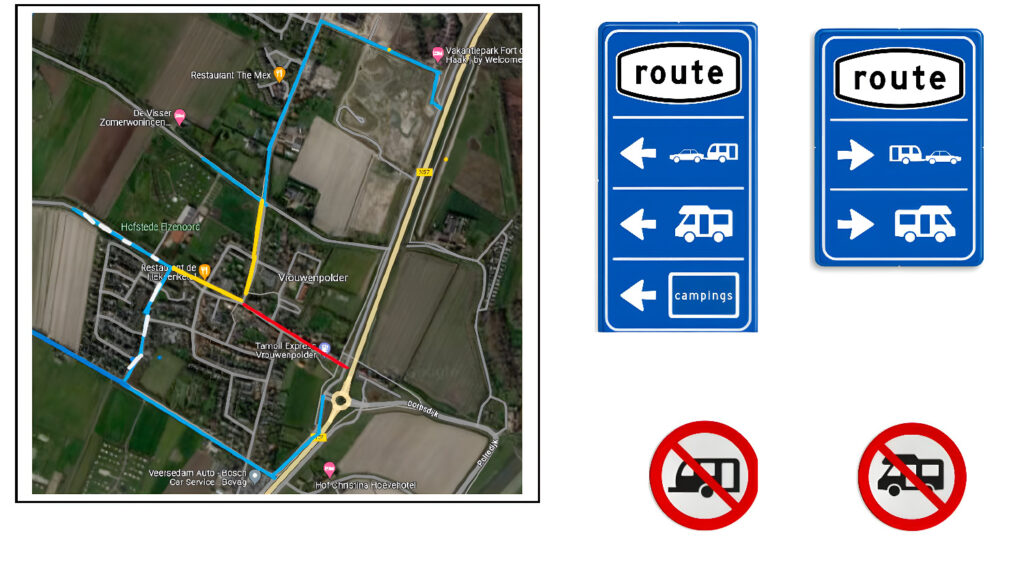 Plattegrond Vrouwenpolder met routeborden die kunnen worden gebruikt